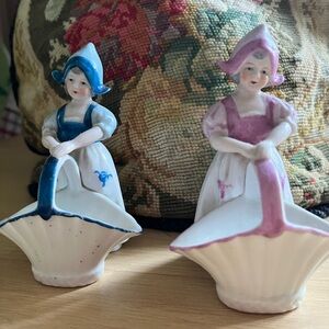Vintage Pair of Porcelain Lady Figurines in Blue and Pink